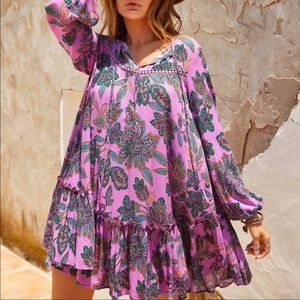 A6 - 331 Pink and  purple Boho gypsy floral print long sleeve smock dress